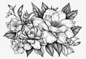 Carnation,rose,daffodil,waterlilly,gladiolus,morning glory,marigold,holly,daisy tattoo idea