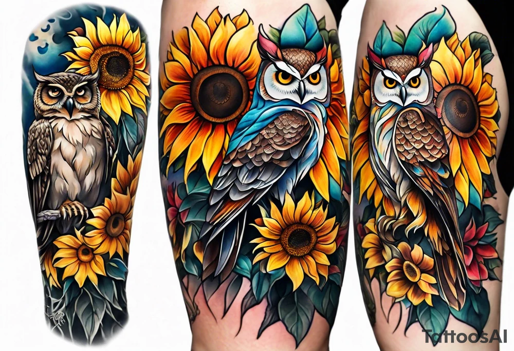 Leg sleeve with colorful sunflowers and an owl tattoo idea