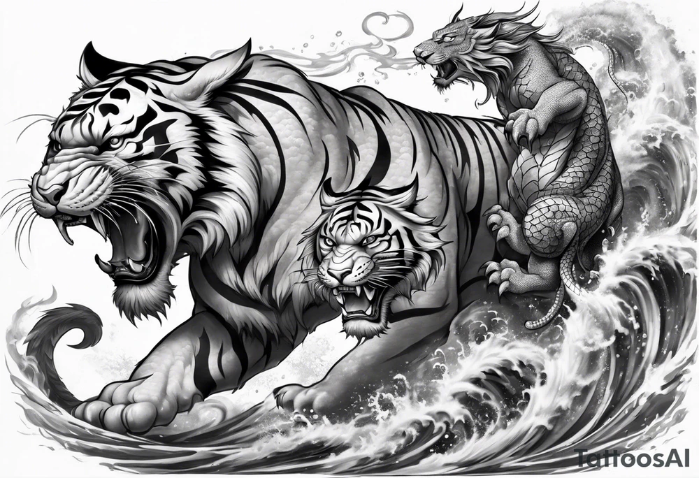 Tiger fighting a water dragon and lion tattoo idea