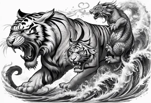 Tiger fighting a water dragon and lion tattoo idea