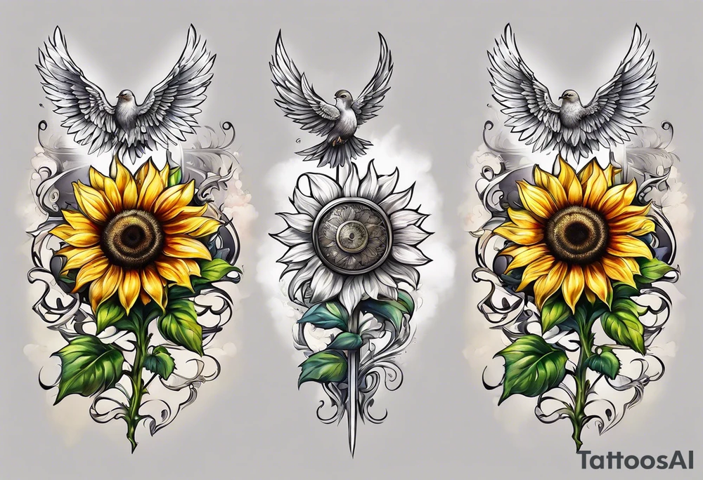 Winged cross with sunflower arm sleeve tattoo idea