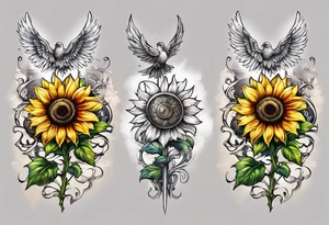 Winged cross with sunflower arm sleeve tattoo idea