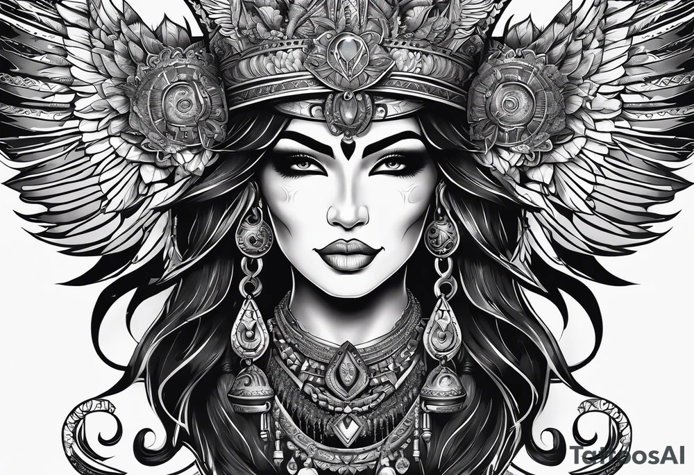 black kali, goddess pirate, alien, pachamama, valkrye, warrior, skull, lotus azul, wing, eagle, zenza resonance, stars, 5D tattoo idea