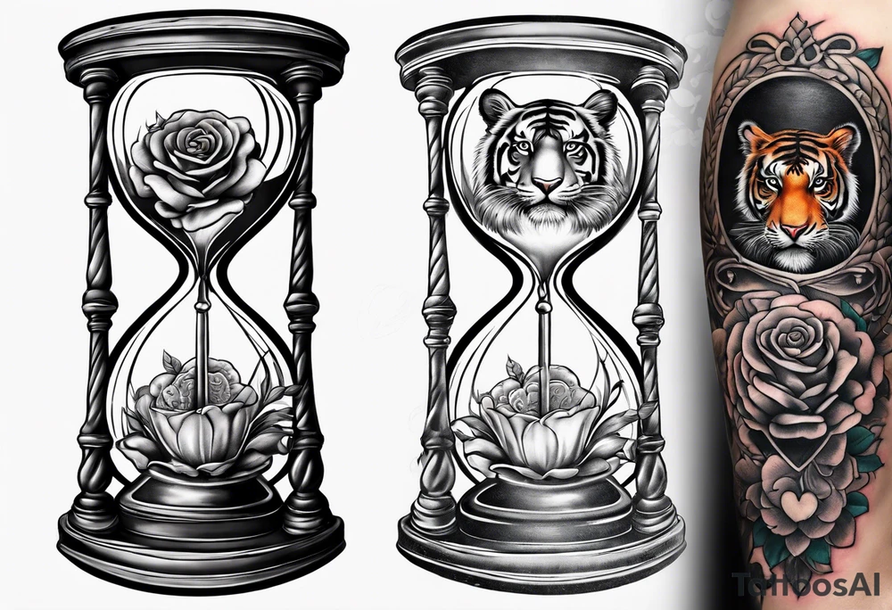 Hour glass with Brain and heart inside tiger sleeve tattoo idea Hour glass with Brain and heart inside tiger sleeve tattoo idea