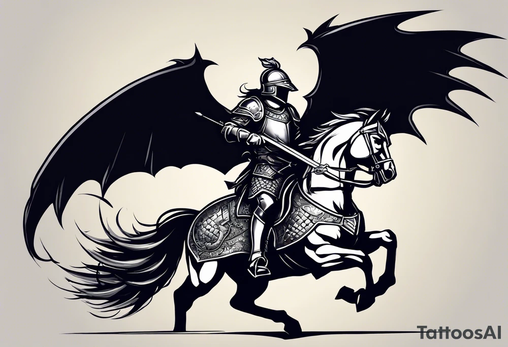 A night on a horse who is killing a dragon with a lance. He has a shield that has a crest with ravens on it. It will go on my right upper arm. Make the style American traditional tattoo idea