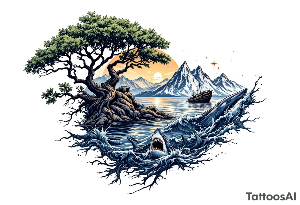 tattoo that has an acacia tree with mountains, ocean with a ship wreck with sharks and the northern star tattoo idea
