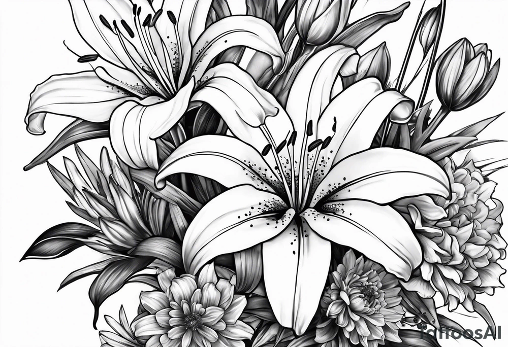 lily, marigold, cosmo, and aster tattoo idea