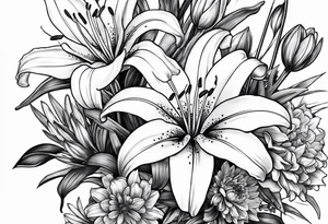 lily, marigold, cosmo, and aster tattoo idea