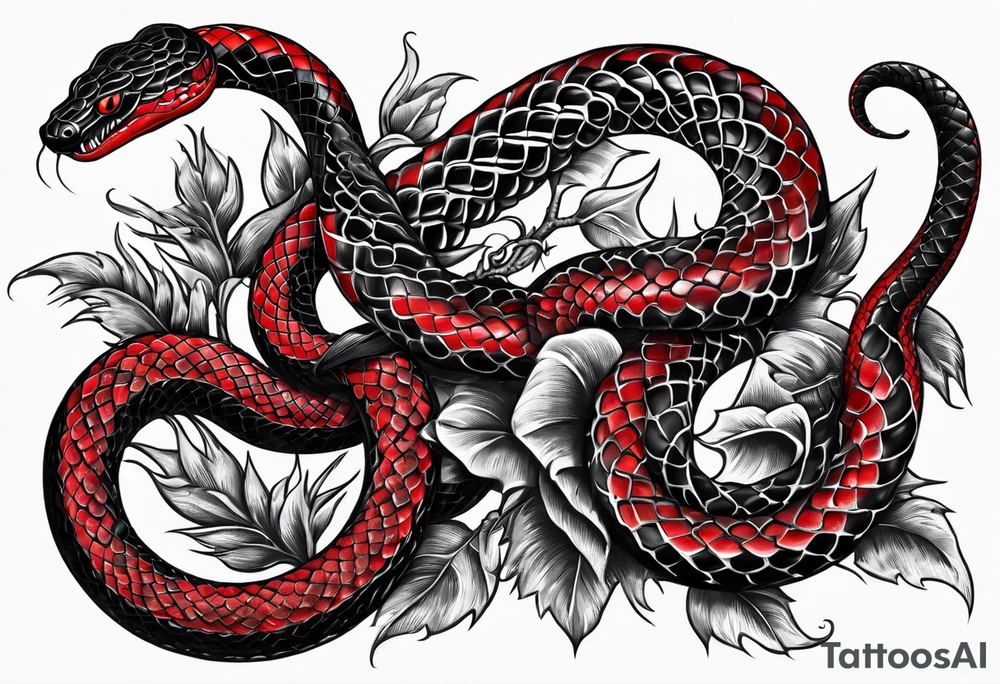 Two black and red snakes slithering around a dagger tattoo idea