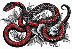 Two black and red snakes slithering around a dagger tattoo idea