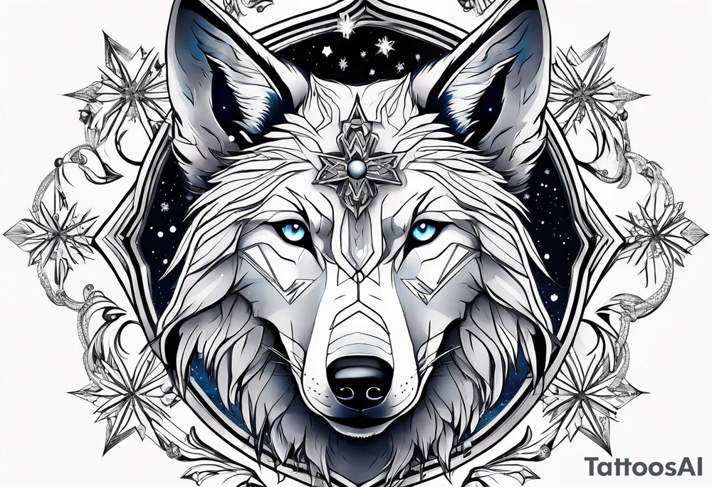 Constellation, animal alien wolf, snowflake tattoo idea