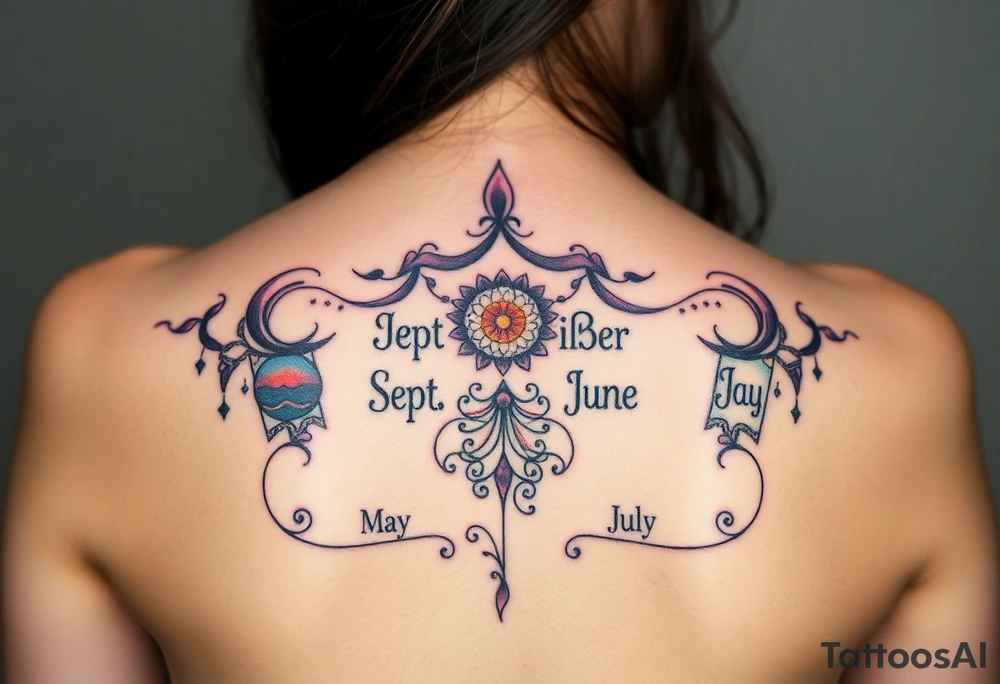 Tattoo on back that represents my family’s birthdays, January, September, June, May, July without putting words on tattoo idea