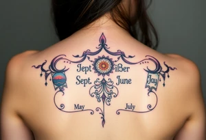 Tattoo on back that represents my family’s birthdays, January, September, June, May, July without putting words on tattoo idea