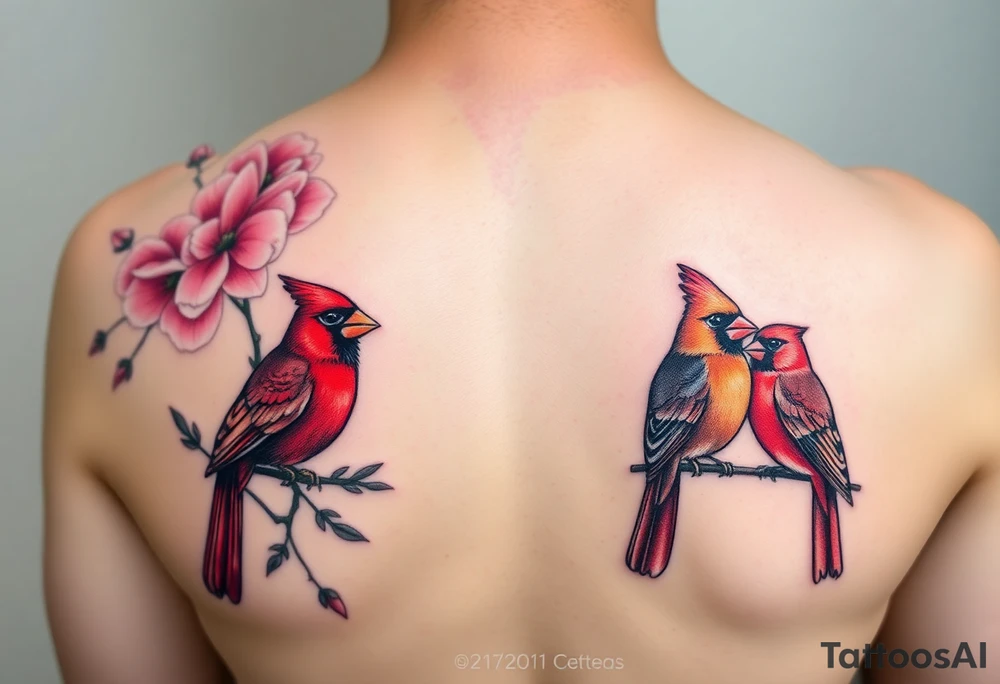I like the top left cardinals and the bottom right cardinals. soft pink peony flowers with bold highlighting; and a feminine but boldly colored male and female cardinal birds tattoo idea