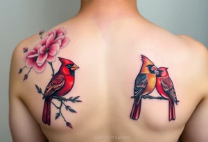 I like the top left cardinals and the bottom right cardinals. soft pink peony flowers with bold highlighting; and a feminine but boldly colored male and female cardinal birds tattoo idea