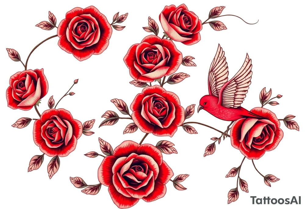 Vintage lace, red roses, red birds, vintage tattoo idea