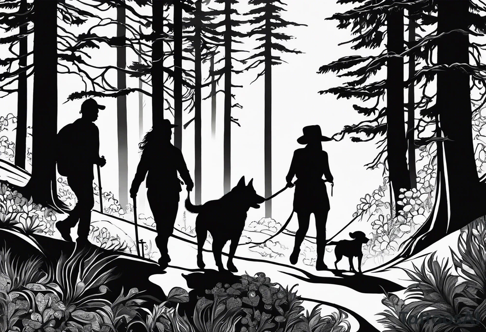 A shadow of family of four and dog walking through the Pacific Northwest Forrest. Mexican art. Trust in God tattoo idea