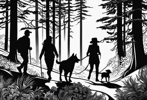 A shadow of family of four and dog walking through the Pacific Northwest Forrest. Mexican art. Trust in God tattoo idea