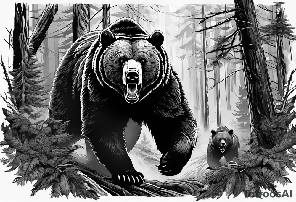 Bear growling face first in a cloudy forest. With fierce warriors in the background. Make the picture very detailed and smoke in the back creating a trail effect tattoo idea