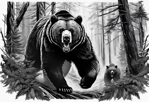 Bear growling face first in a cloudy forest. With fierce warriors in the background. Make the picture very detailed and smoke in the back creating a trail effect tattoo idea