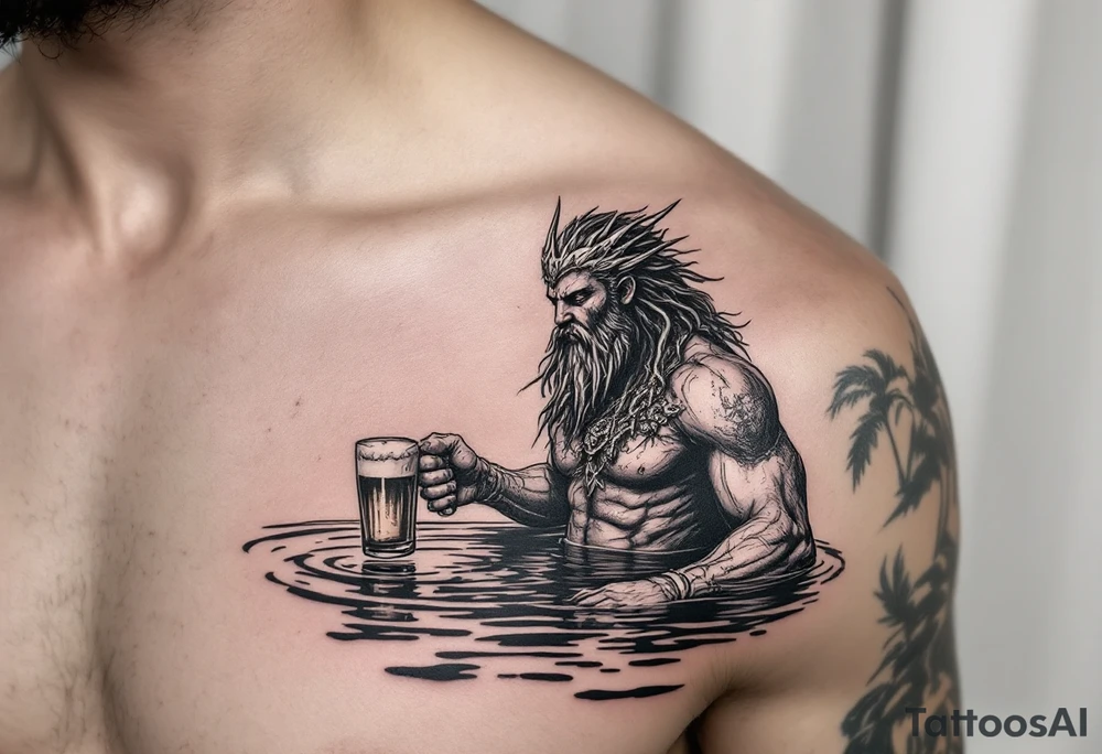 poseidon in calm water, holding a trident, holding a beer tattoo idea