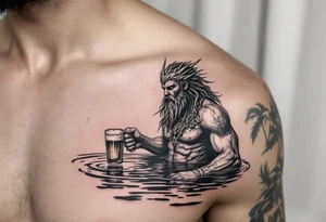 poseidon in calm water, holding a trident, holding a beer tattoo idea