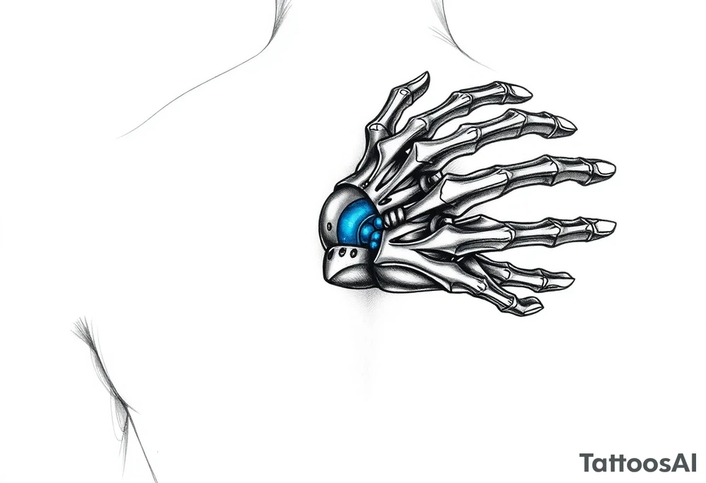 A transparent overlay effect showing the hand's inner mechanical structure, with shimmering metallic blue bones and joints. tattoo idea