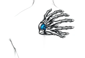 A transparent overlay effect showing the hand's inner mechanical structure, with shimmering metallic blue bones and joints. tattoo idea