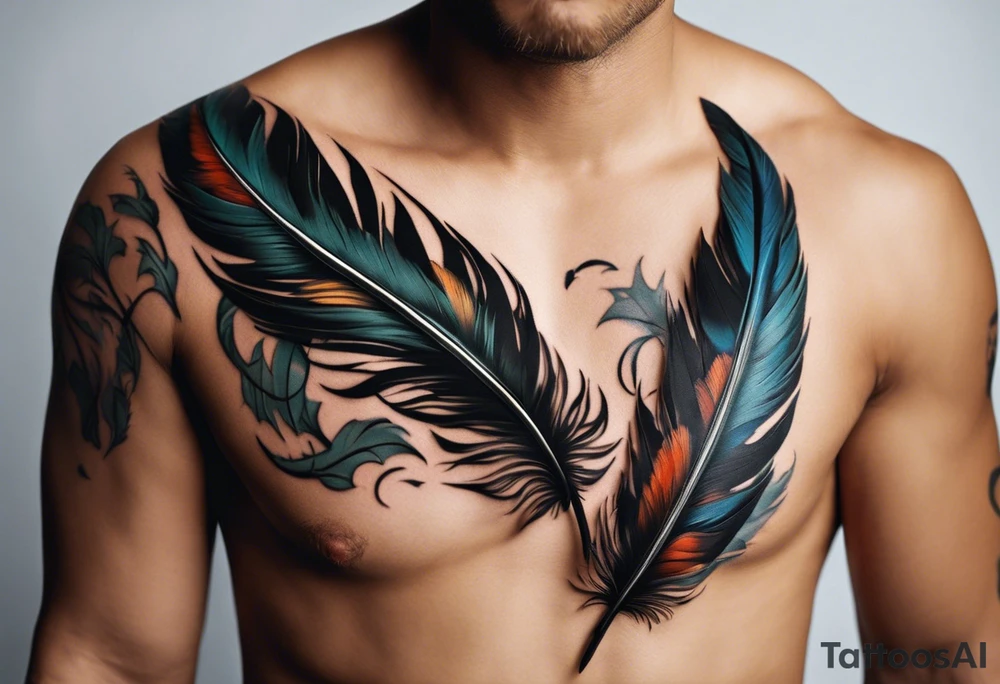 The tattoo begins on the left arm, at the elbow, where feathers are flying under the action of the wind towards the left hand. These feathers share the air space with branches that have leaves, and both elements move together up the left arm. As they approach the shoulder, some lightning appears between them. At this point, the feathers start to converge toward the left chest, where a vortex of energy reveals the head of an owl. The branches converge toward the left side of the back, passing over the shoulder. On the left side of the back, there is a dense, psychedelic element representing the energy of life's creation, with references to the earth, element, and planet. There is also a clay house in this area. tattoo idea