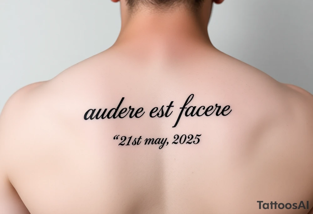 Do a tattoo on a guys forearm with the text ”audere est facere” and ” 21 st may 2025 ” under the text and make it in a curved line tattoo idea