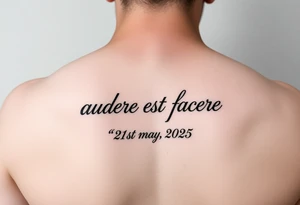 Do a tattoo on a guys forearm with the text ”audere est facere” and ” 21 st may 2025 ” under the text and make it in a curved line tattoo idea
