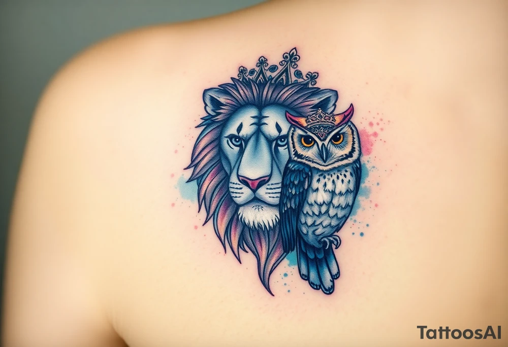 powerful majestic lion with a tiara and male owl  love tattoo idea