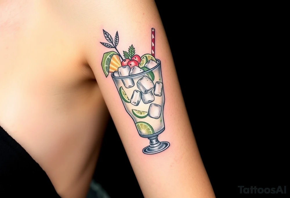 Fun Caribbean cruise cocktail with lots of garnishes and ice in a short rocks glass tattoo idea