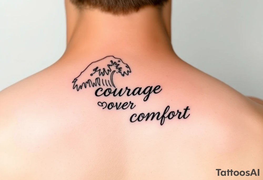 Fine line waves with words courage over comfort for the wrist not on the back tattoo idea
