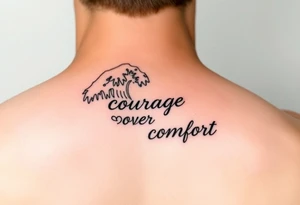 Fine line waves with words courage over comfort for the wrist not on the back tattoo idea