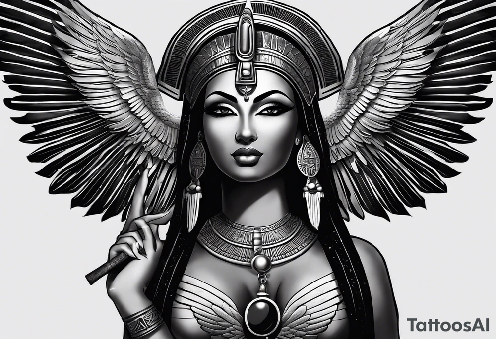 black and white Egyptian goddess Isis, who is often depicted as a woman with outstretched wings, holding an ankh (a symbol of life) in one hand and a lotus flower in the other. Her headdress often includes a throne or a solar disk. The tattoo design can vary in style and size, but it typically aims to capture the essence of this revered Egyptian deity, emphasizing her beauty, power, and maternal qualities. The choice of colors and additional elements can also be customized to create a unique and visually striking representation of the goddess Isis tattoo idea