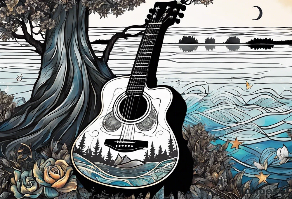 sideways black acoustic guitar made out of trees on one side with a reflection in a lake on the other side at night with a star and prayer hands on the body. tattoo idea