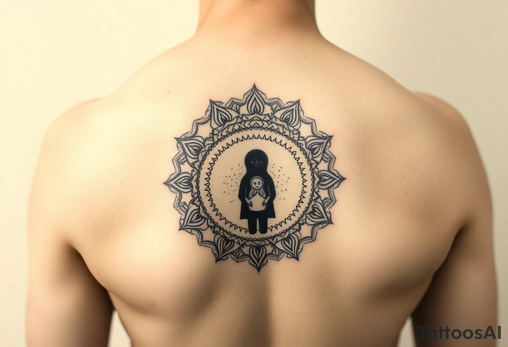 Single mirror showing unified reflection - adult figure standing strong with faint child silhouette visible inside chest/heart area like nested Russian dolls, showing integration not separation, geometric mandala frame, dotwork style, represents carrying inner child not losing them, black and grey tattoo idea