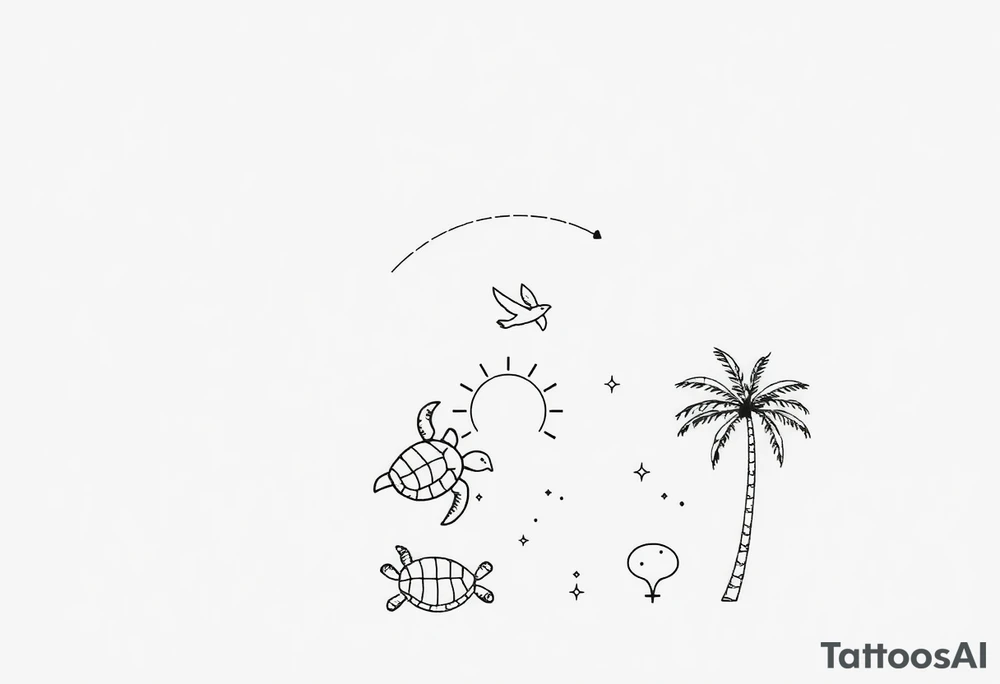 Tatouage fineline vertical, noir et blanc, de style minimaliste et spirituel. De haut en bas : une flèche stylisée pointant vers le ciel, suivie d’une ligne ondulée évoquant le vent ou une trajectoire de voyage. Juste en dessous, un petit avion en vol, stylisé, laissant une traînée fine qui s’intègre harmonieusement dans la composition. Quelques oiseaux en vol renforcent le thème de la liberté et du voyage. Ensuite, un soleil rayonnant, deux tortues marines superposées et orientées vers le haut, entourées de petits symboles évoquant le mouvement sous-marin. Plus bas, un palmier tropical, une étoile de mer, et des éléments géométriques discrets (points, lignes, flèches) pour équilibrer l’ensemble. Le style est délicat, équilibré, et évoque la nature, l’évasion, et le voyage intérieur autant qu’extérieur. tattoo idea