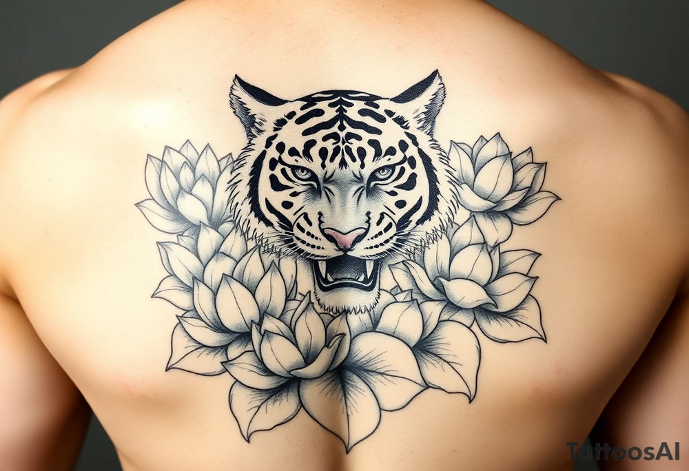 fierce tiger emerging through blooming lotus flowers in mist tattoo idea