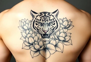fierce tiger emerging through blooming lotus flowers in mist tattoo idea