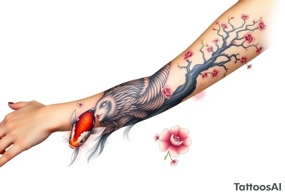 Beautiful full sleeve with a koi fish, tiger, sun, and cherry blossom tree tattoo idea