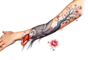 Beautiful full sleeve with a koi fish, tiger, sun, and cherry blossom tree tattoo idea