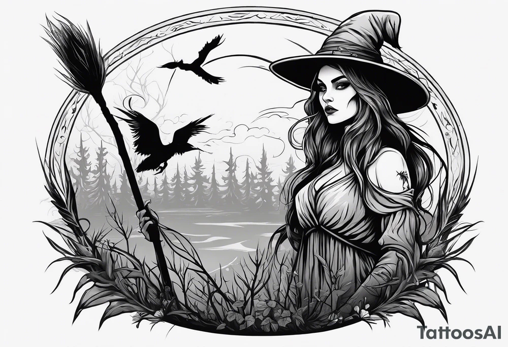 Slavic swamp witch with a broom creepy tattoo idea
