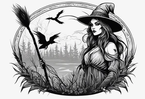 Slavic swamp witch with a broom creepy tattoo idea