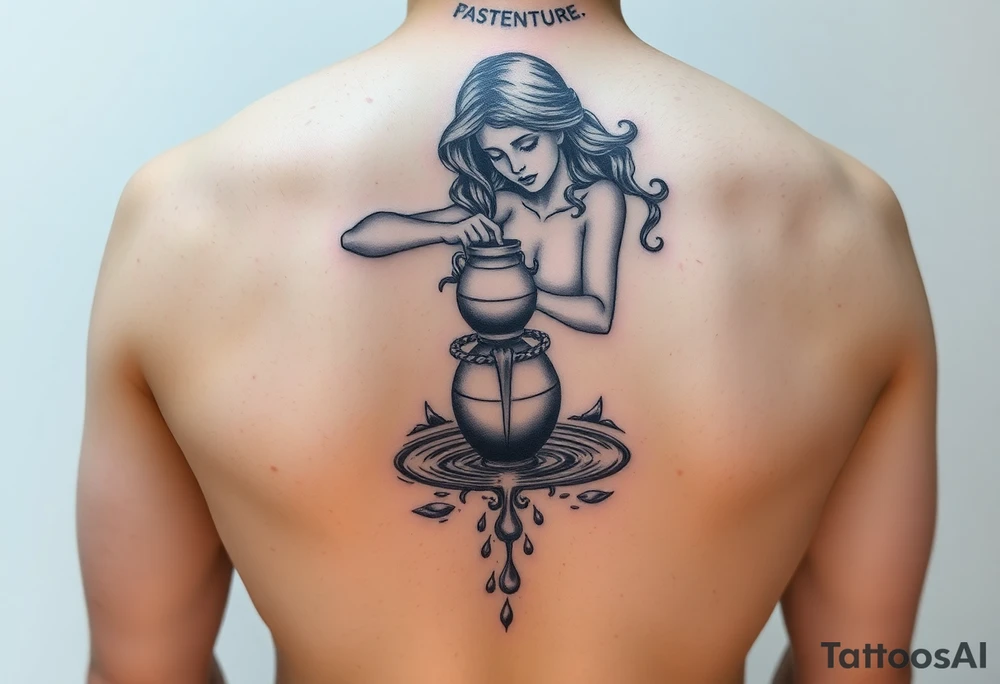Beautiful female water bearer pouring an urn of water that flows into a pool of water tattoo idea