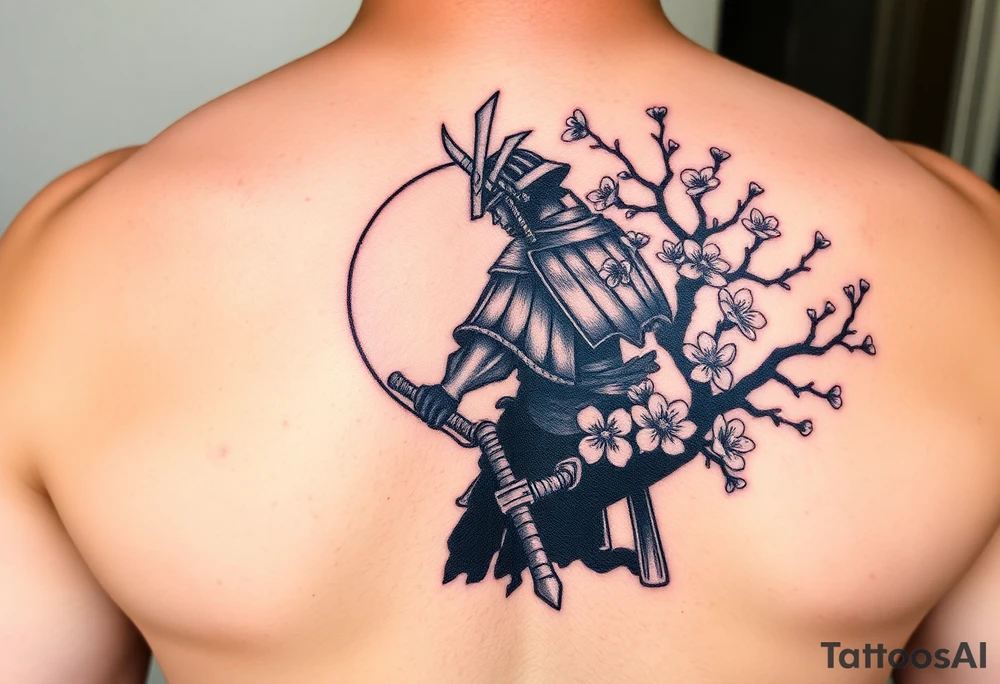 noble samurai warrior silhouette at sunset with cherry blossoms tattoo idea