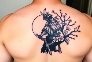 noble samurai warrior silhouette at sunset with cherry blossoms tattoo idea