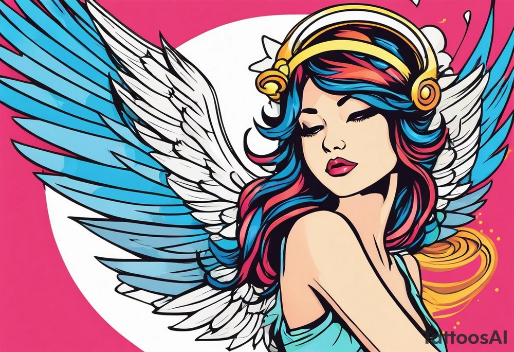 comic book style art, girl angel side profile, with wings, with floating halo, anime style tattoo idea