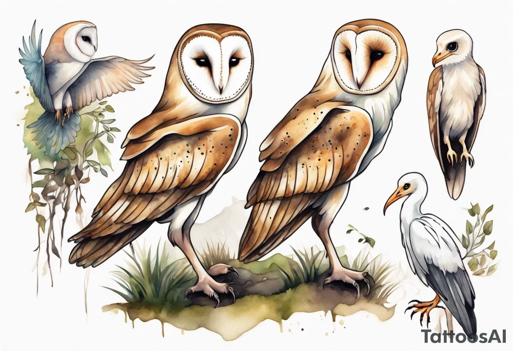 a barn owl with the legs of a stork walking a forest path tattoo idea